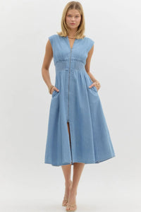 Denim Zip-Up Smocked Waist Midi Dress