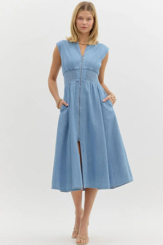 Denim Zip-Up Smocked Waist Midi Dress