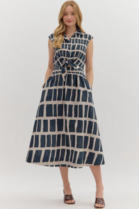 Block Print Grid Midi Dress - Navy