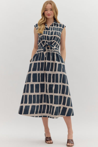 Block Print Grid Midi Dress - Navy