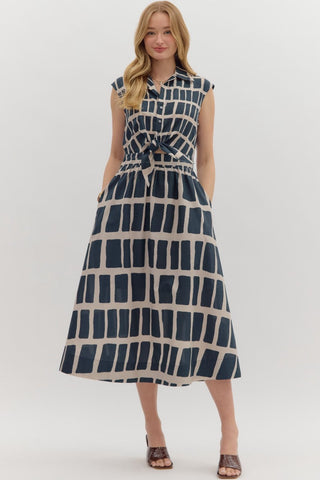 Block Print Grid Midi Dress - Navy