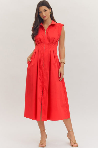 Sleeveless Midi Zip Dress - Red