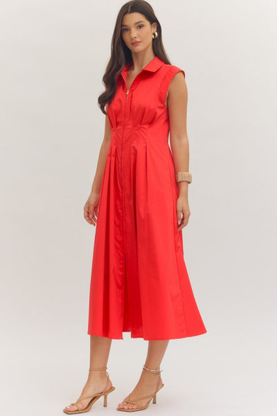 Sleeveless Midi Zip Dress - Red