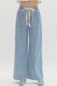 High-Waist Wide-Leg Drawstring Denim Pants