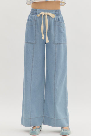 High-Waist Wide-Leg Drawstring Denim Pants