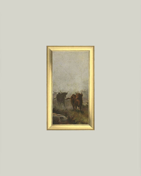 Bulls in a Misty Morning Framed Antique Art: 6x8