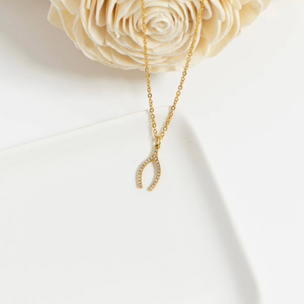 18K Gold PVD Stainless Steel Rhinestone Wishbone Charm: Gold