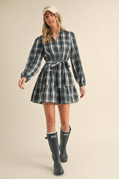 Plaid Mini Dress with Ruffle Trim