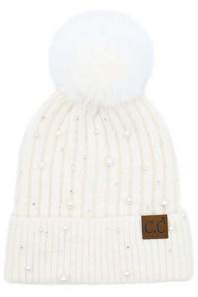 C.C Pearl Embellishments Pom Beanie: Light Gray