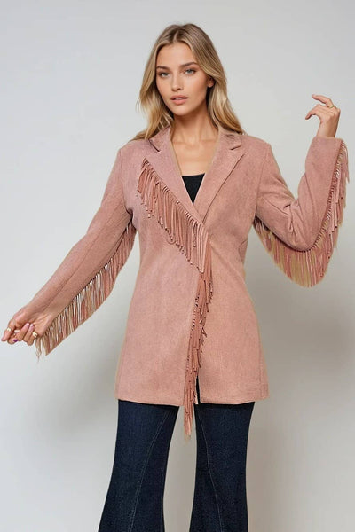 Faux Suede Fringed Blazer: Tan