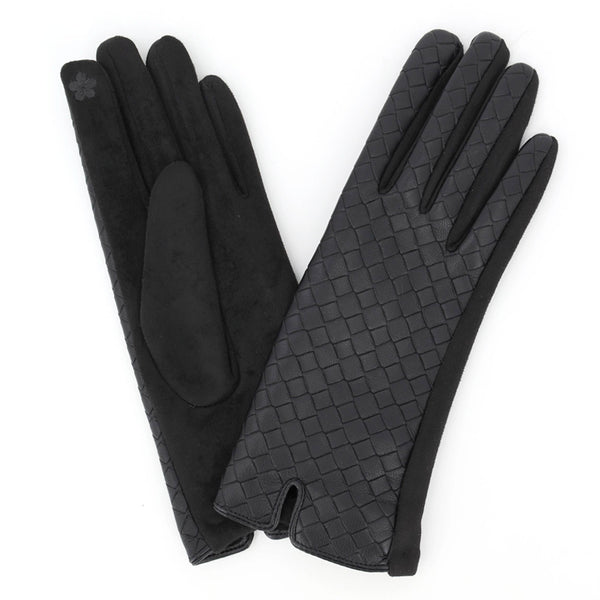 Quilted Faux Leather & Faux Suede Touchscreen Gloves: Burgundy