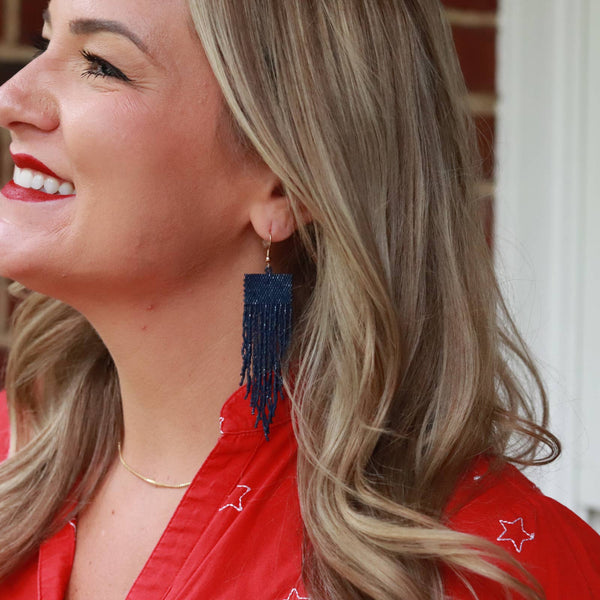 Beaded Square Fringe Earrings - Navy