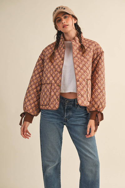 FLORAL QUILTED JACKET WITH RIBBON SLEEVE DETAIL MJK4432: Navy Teal Multi Floral / S