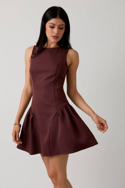 Boat Neck Sleeveless Low Waist Mini Dress: Brown