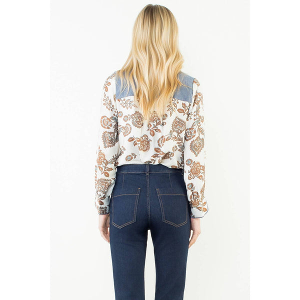 Long Sleeve Floral Detail Button Up Top: Cream