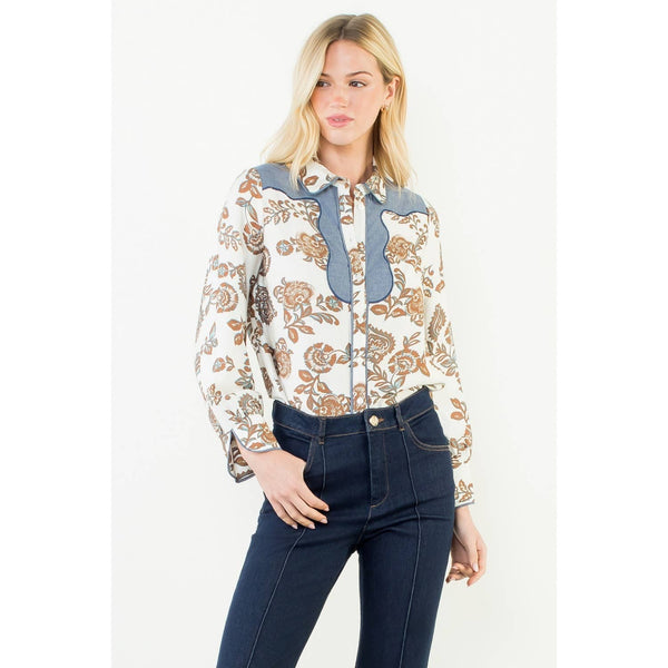 Long Sleeve Floral Detail Button Up Top: Cream