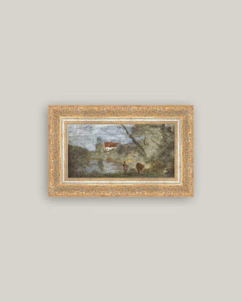 Cowherd by the Pond Framed Antique Art: 14x9