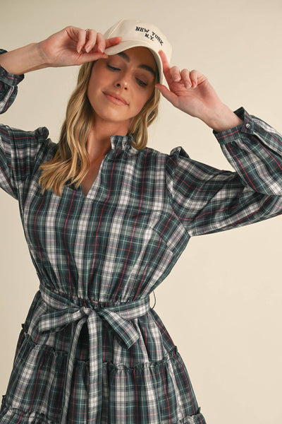 Plaid Mini Dress with Ruffle Trim