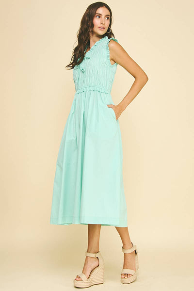 Front-Tie Smocking Midi Dress - Aqua