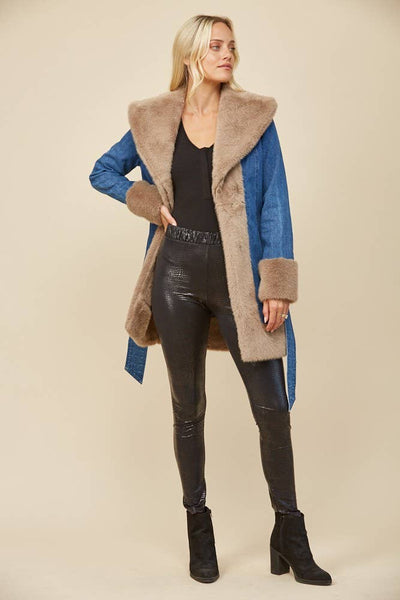 Soft Faux Fur Lined Denim Coat with Sash: Taupe