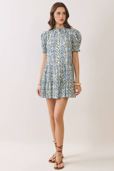 Floral Print Puff Sleeve Button Front Mini Dress - Blue