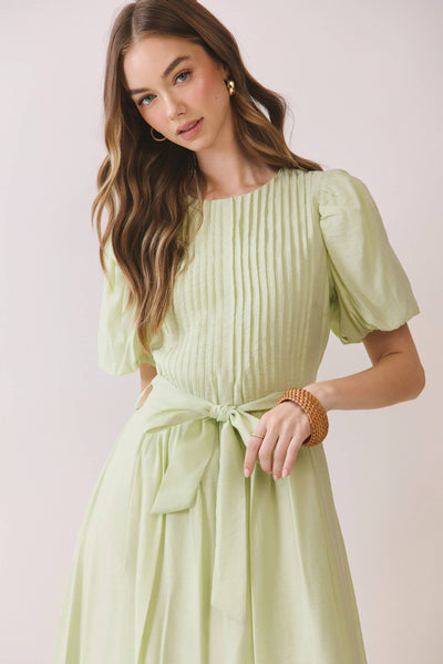 Pintuck Detail Puff Sleeve Tie-Waist Midi Dress - Mint