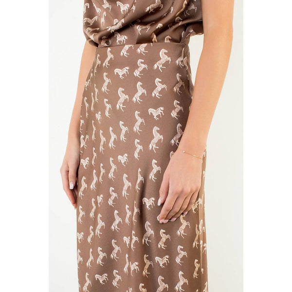 Satin Horse Print Skirt & Top Set: Brown