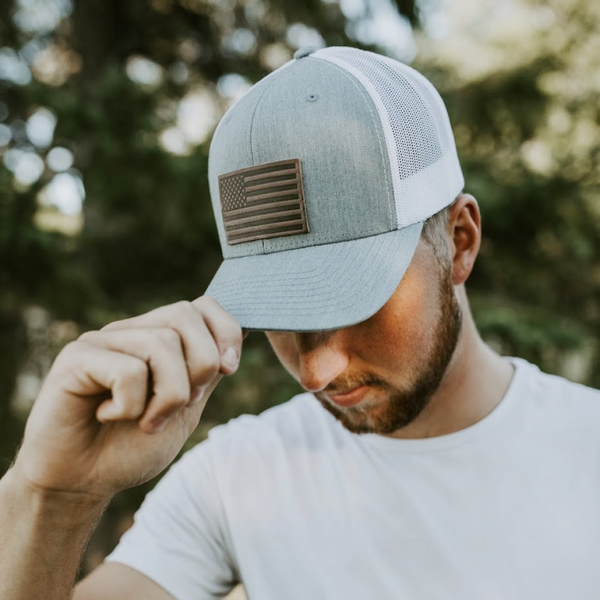 American Flag Hat - Leather Patch Trucker Snapback: Black