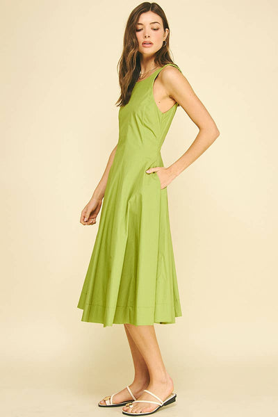 Fitted Bodice Flared Midi Dress - Matcha Green