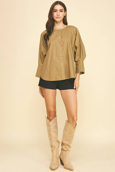 Button Down Blouse Top - Khaki