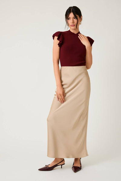 Bias Satin Midi Skirt: Tan
