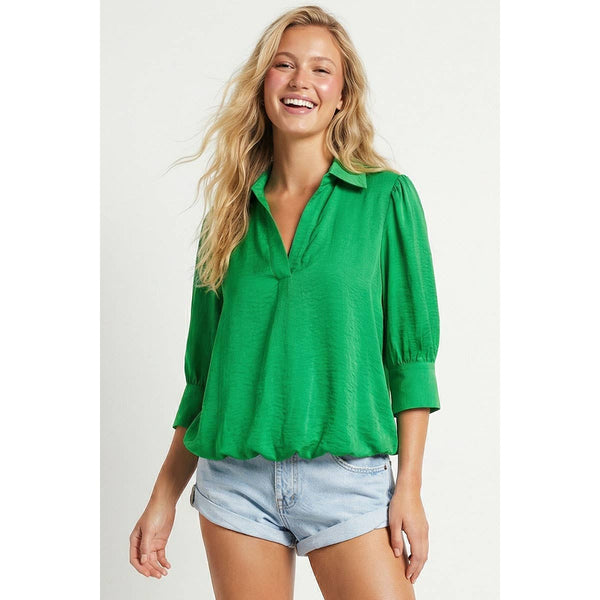 Half Sleeve Hi-lo Bubble Hem Blouse: Navy / M