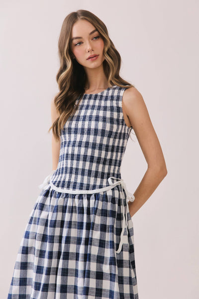 Gingham Sleeveless Midi Dress with Side Tie Detail - Navy