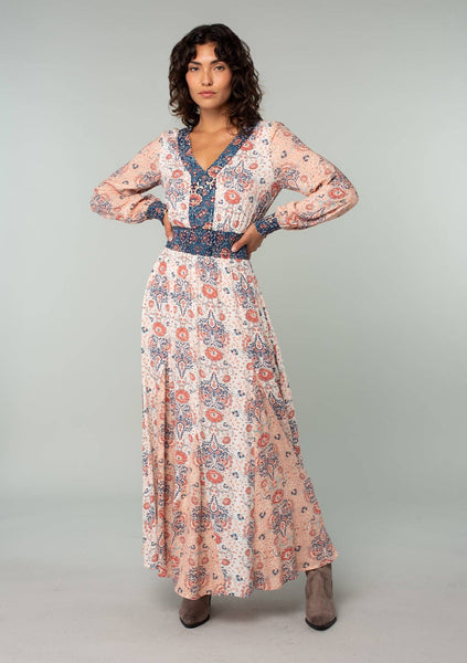 Floral Patchwork Smocked Long Sleeve Maxi Dress: Ivory/Coral