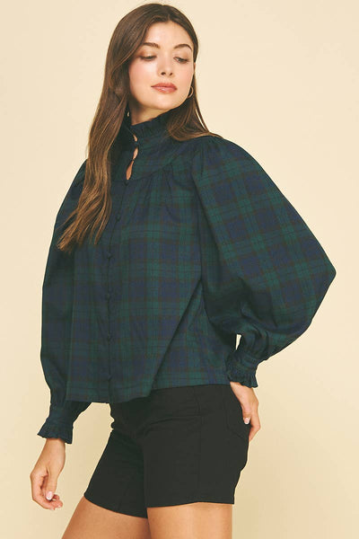 PLAID RUFFLED MOCK NECK SHIRT - 7609T: NAVY/GREEN / S