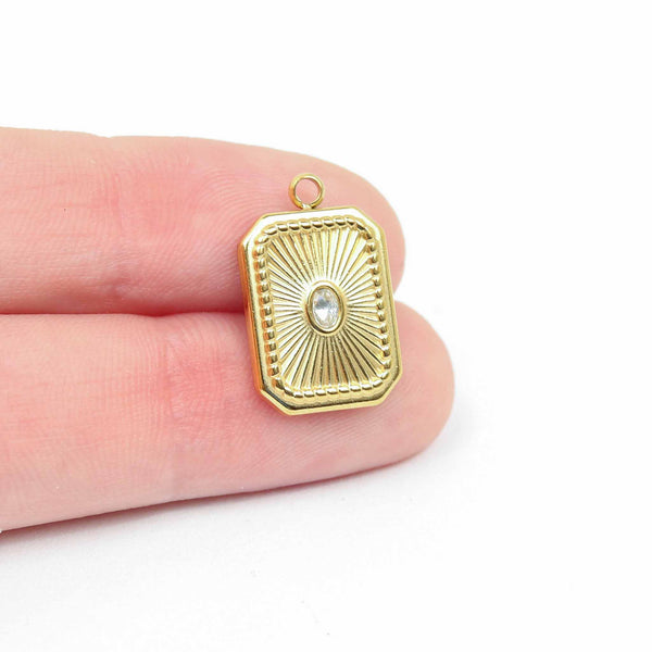 18K Gold PVD Rectangle Sunburst Crystal Charm: Gold