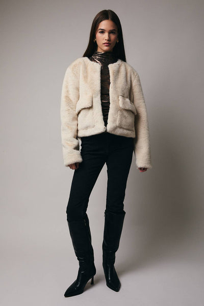 Round Neck Long Sleeve Fur Outerwear: Beige