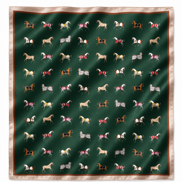 Equestrian Horse Print Satin Square Scarf: Preppy Green