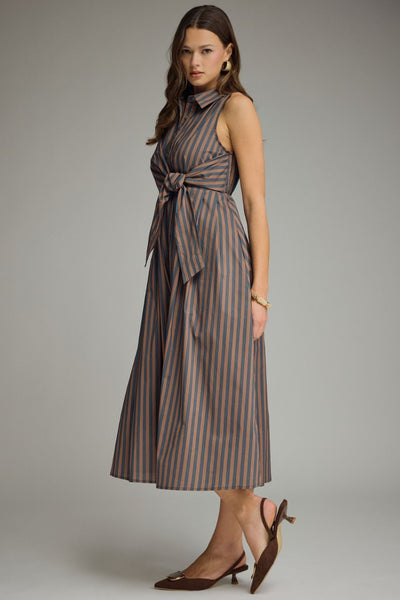 Stripe Tie Accent Dress - Navy/Brown