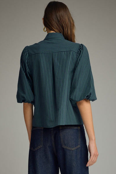 Stripe Self-Tie Neck Short Puff Sleeve Top: Hunter Green