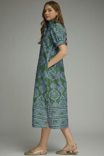 Ornamental Short Puff Sleeve Midi Dress: Green