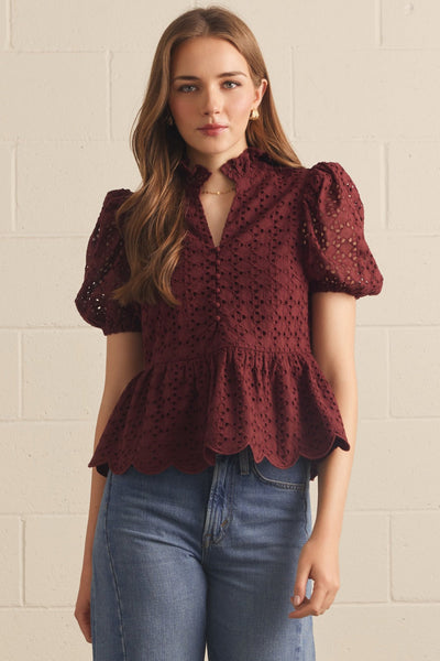 Solid Eyelet Puff Sleeve Top: Burgundy