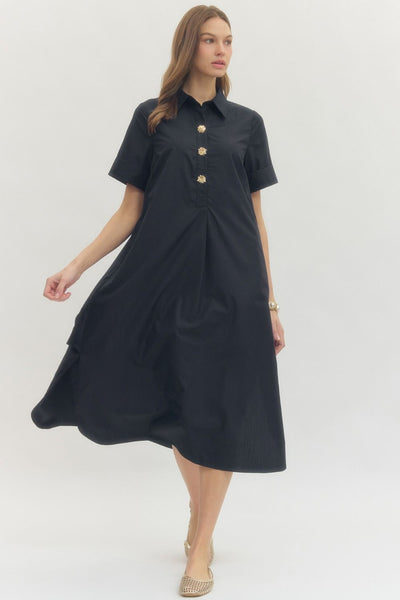 Solid Short Sleeve Midi Dress: Navy