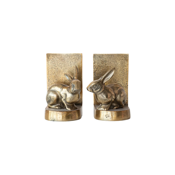 Cast Aluminum Rabbit Bookends, Antique Gold Finish, Set of 2