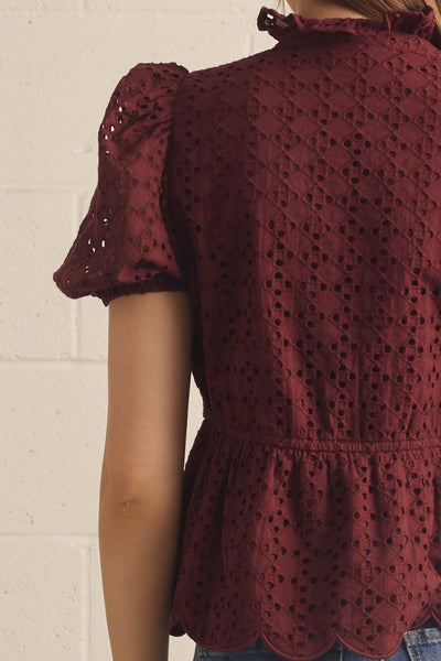 Solid Eyelet Puff Sleeve Top: Burgundy