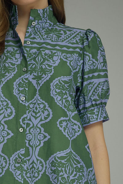 Ornamental Short Puff Sleeve Midi Dress: Green