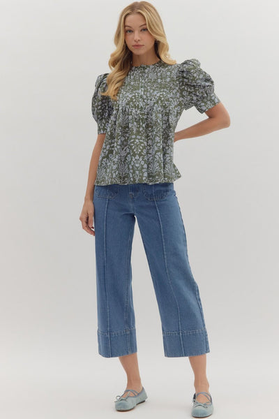 Floral Puff Sleeve Pintuck Top