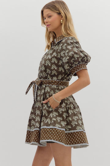 Belted Brown Floral Mini Dress