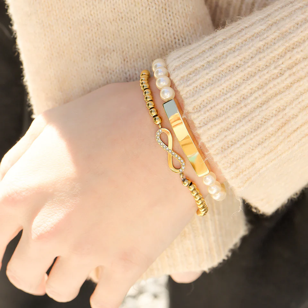 Waterproof Pearl Stretch Bracelet with Gold Bar: 6mm