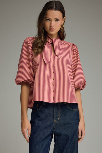 Stripe Self-Tie Neck Short Puff Sleeve Top: Wine